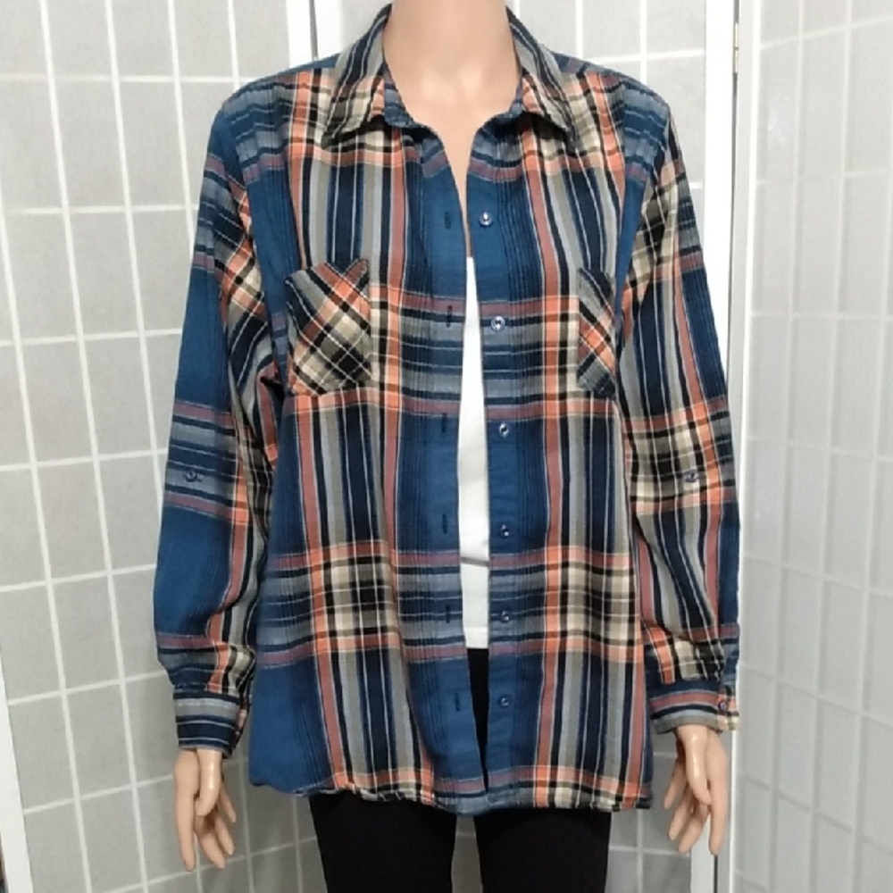 Allison Daley WMNS Blue & Peach Plaid Button-Up Flannel Shirt - Roll Tab Sleeves